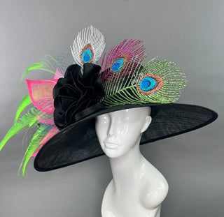 BLACK WIDE BRIM HAT WITH GLITTER PEACOCK FEATHERS