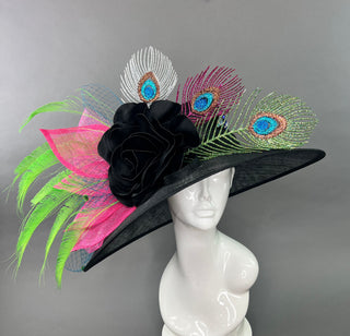 BLACK WIDE BRIM HAT WITH GLITTER PEACOCK FEATHERS