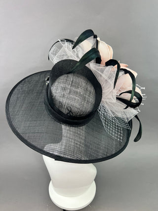BLACK AND BLUSH PINK BLOOM WIDE BRIM HAT
