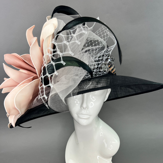 BLACK AND BLUSH PINK BLOOM WIDE BRIM HAT