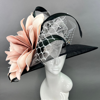 BLACK AND BLUSH PINK BLOOM WIDE BRIM HAT