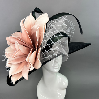 BLACK AND BLUSH PINK BLOOM WIDE BRIM HAT