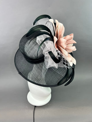 BLACK AND BLUSH PINK BLOOM WIDE BRIM HAT