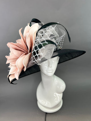 BLACK AND BLUSH PINK BLOOM WIDE BRIM HAT