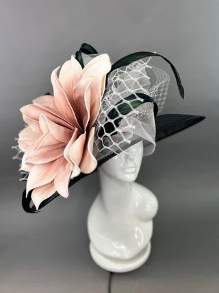 BLACK AND BLUSH PINK BLOOM WIDE BRIM HAT
