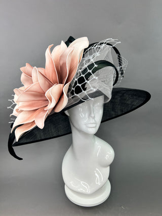 BLACK AND BLUSH PINK BLOOM WIDE BRIM HAT