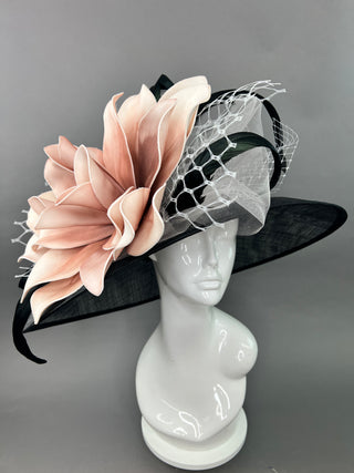 BLACK AND BLUSH PINK BLOOM WIDE BRIM HAT