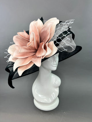 BLACK AND BLUSH PINK BLOOM WIDE BRIM HAT