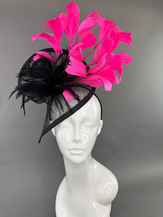 BLACK & CANDY PINK FASCINATOR ON HEADBAND - The Hat Hive