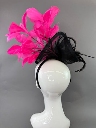 BLACK & CANDY PINK FASCINATOR ON HEADBAND - The Hat Hive