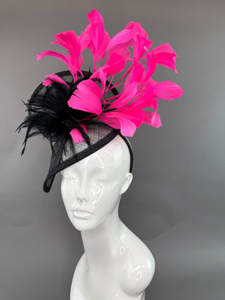 BLACK & CANDY PINK FASCINATOR ON HEADBAND - The Hat Hive