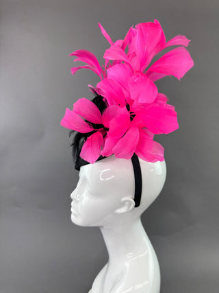 BLACK & CANDY PINK FASCINATOR ON HEADBAND - The Hat Hive
