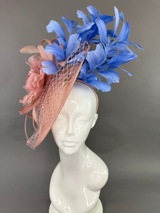 BLUSH PINK AND COUNTRY BLUE FASCINATOR - The Hat Hive