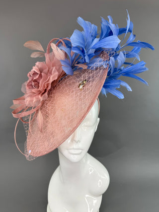 BLUSH PINK AND COUNTRY BLUE FASCINATOR - The Hat Hive