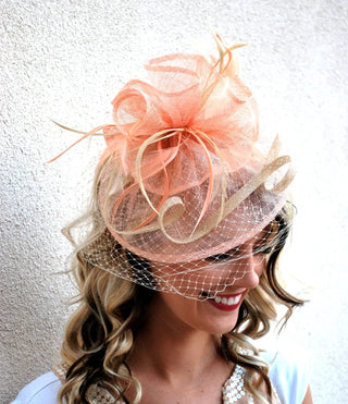 THE BRYNLEE SINAMAY FEATHER FASCINATOR WITH VEIL ON HEADBAND