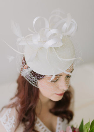 The Madelyn Fascinator, light ivory Fascinator with Veil, Women's Tea Party Hat, Church Hat, Derby Hat, Fancy Hat, wedding hat, British Hat