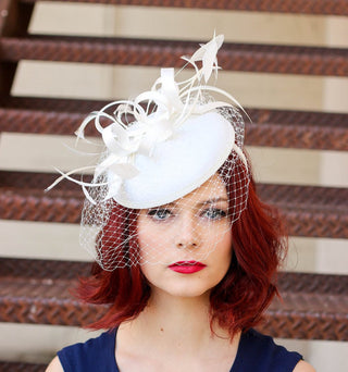 The Madelyn Fascinator, light ivory Fascinator with Veil, Women's Tea Party Hat, Church Hat, Derby Hat, Fancy Hat, wedding hat, British Hat