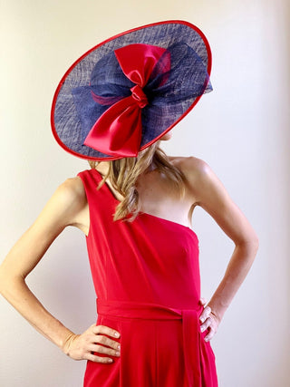 Navy and red Sinamay Derby Hat, Womens Tea Party Hat, Church Hat, Derby Hat, Fancy Hat, Ivory  Hat, Tea Party Hat, wedding hat
