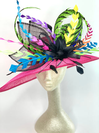Pink Kentucky Derby Hat, Tea Party Hat, Church Hat, Feather Hat, Kentucky Derby Hats For Women, Neon Feather Hat, Black & Pink Hat