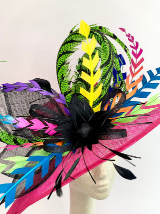 Pink Kentucky Derby Hat, Tea Party Hat, Church Hat, Feather Hat, Kentucky Derby Hats For Women, Neon Feather Hat, Black & Pink Hat