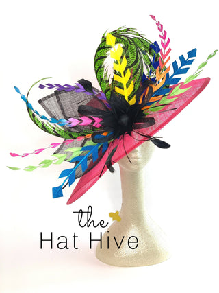 Pink Kentucky Derby Hat, Tea Party Hat, Church Hat, Feather Hat, Kentucky Derby Hats For Women, Neon Feather Hat, Black & Pink Hat