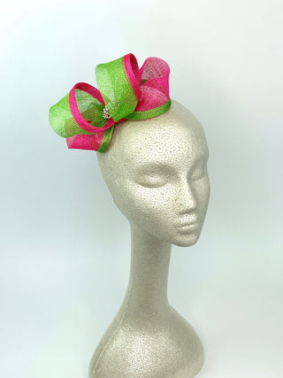 Pink & Green Fascinator, Pink and Green Bow, Womens Tea Party Fascinator, Church Hat, Derby Hat, Fancy Hat Mini Fascinator, wedding hat