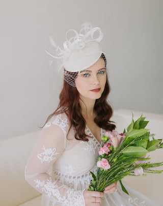 The Madelyn Fascinator, light ivory Fascinator with Veil, Women's Tea Party Hat, Church Hat, Derby Hat, Fancy Hat, wedding hat, British Hat