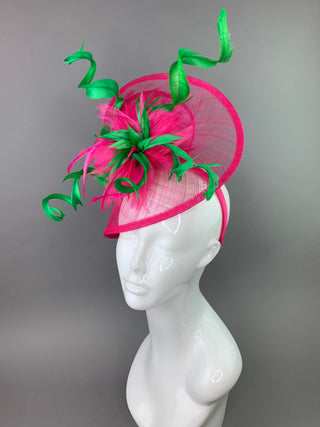 Fuschia and Kelly Green Fascinator, on headband, Womens Tea Party Hat, Church Hat, Derby Hat, Fancy Hat, Bachelorette Hat, Tea Party Hat,