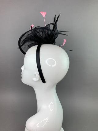 Black and pink Fascinator on headband, High Tea Party Hat, Derby Hat, Church Hat, Kentucky Derby, Fancy Hat, Tea Party Hat, wedding hat