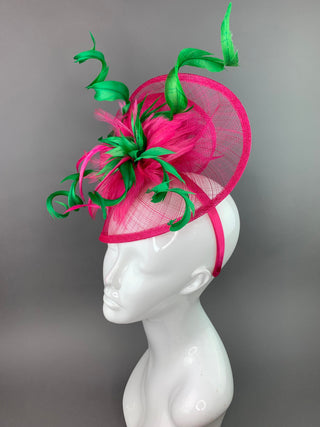 Fuschia and Kelly Green Fascinator, on headband, Womens Tea Party Hat, Church Hat, Derby Hat, Fancy Hat, Bachelorette Hat, Tea Party Hat,