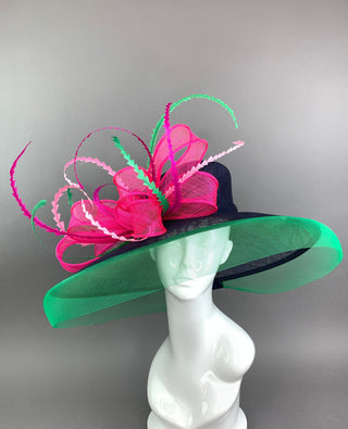 Navy, Fuchsia, Green, Kentucky Derby Hat, Navy Hat, Church hat, Tea Party Hat, Navy Blue Hat, Fashion Hat, Church Hat, wide brim hat
