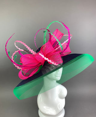 Navy, Fuchsia, Green, Kentucky Derby Hat, Navy Hat, Church hat, Tea Party Hat, Navy Blue Hat, Fashion Hat, Church Hat, wide brim hat