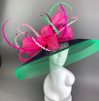 Navy, Fuchsia, Green, Kentucky Derby Hat, Navy Hat, Church hat, Tea Party Hat, Navy Blue Hat, Fashion Hat, Church Hat, wide brim hat