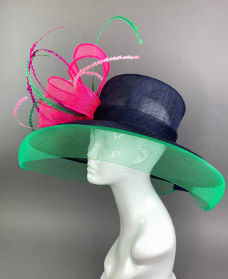 Navy, Fuchsia, Green, Kentucky Derby Hat, Navy Hat, Church hat, Tea Party Hat, Navy Blue Hat, Fashion Hat, Church Hat, wide brim hat