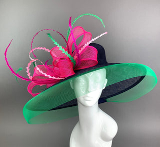 Navy, Fuchsia, Green, Kentucky Derby Hat, Navy Hat, Church hat, Tea Party Hat, Navy Blue Hat, Fashion Hat, Church Hat, wide brim hat