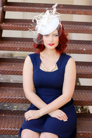 The Madelyn Fascinator, light ivory Fascinator with Veil, Women's Tea Party Hat, Church Hat, Derby Hat, Fancy Hat, wedding hat, British Hat