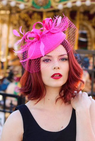 Hot Pink Fascinator with Veil, Tea Party Hat, Church Hat, Kentucky Derby Hat, Fancy Hat, Pink Hat, Tea Party Hat, wedding hat, British Hat