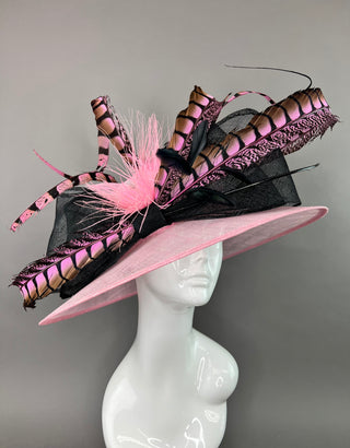 LIGHT PINK HAT WITH BLACK BOW AND PINK FEATHERS