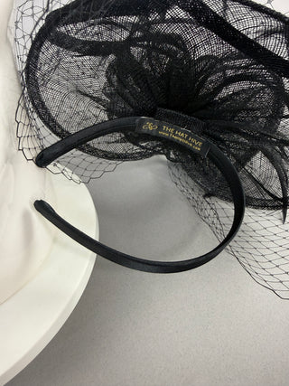 BLACK FASCINATOR WITH VEIL ON HEADBAND