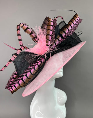 LIGHT PINK HAT WITH BLACK BOW AND PINK FEATHERS