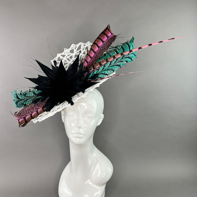 WHITE FASCINATOR WITH MINT & LIGHT PINK LADY AMHERST FEATHERS