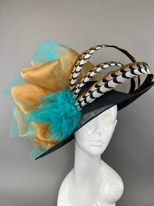BLACK DERBY HAT WITH TURQUOISE AND RUSTY GOLD