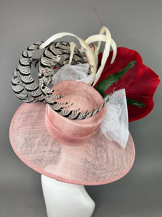 BLUSH PINK WIDE BRIM WITH RED ROSE DERBY HAT