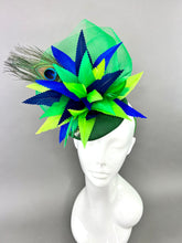 Load image into Gallery viewer, GREEN LINEN PEACOCK FASCINATOR