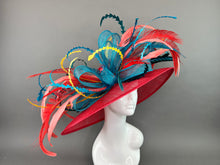 Load image into Gallery viewer, RED WIDE BRIM WITH TEAL BOW AND FEATHERS.