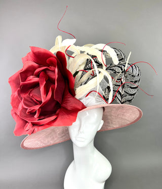 BLUSH PINK WIDE BRIM WITH RED ROSE DERBY HAT