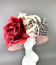 Load image into Gallery viewer, BLUSH PINK WIDE BRIM WITH RED ROSE DERBY HAT