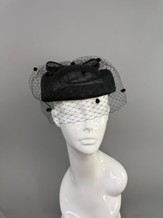 BLACK PILLBOX FORMAL FASCINATOR WITH VEIL ON HEADBAND