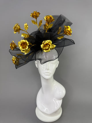 BLACK CRINOLINE GOLD ROSE BOUQUET FASCINATOR