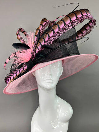 LIGHT PINK HAT WITH BLACK BOW AND PINK FEATHERS